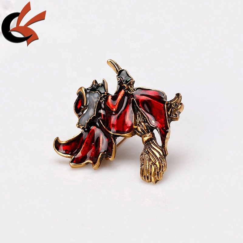 Factory customized Halloween party gift old gold plating red witch enamel brooch pin