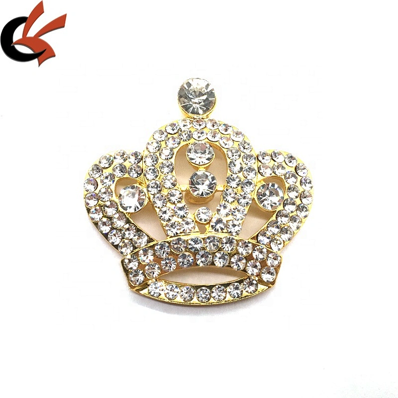 wholesale diamond rhinestone crystal brooch buttons with gold metal crown with loops