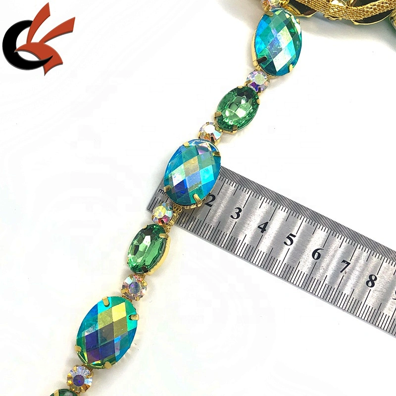 Factory Customized Green AB crystals oval shape rhinestone chain trimming for carnival dress decoration