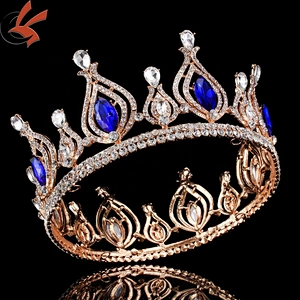 Wedding Apparel Rhinestone Royal Blue Full Round Crown Tiara Rhinestone Crystal Beauty Queen Pageant Crowns