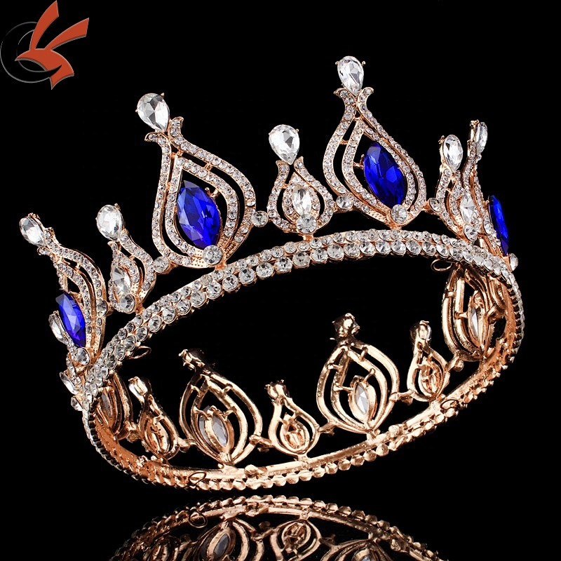 Wedding Apparel Rhinestone Royal Blue Full Round Crown Tiara Rhinestone Crystal Beauty Queen Pageant Crowns