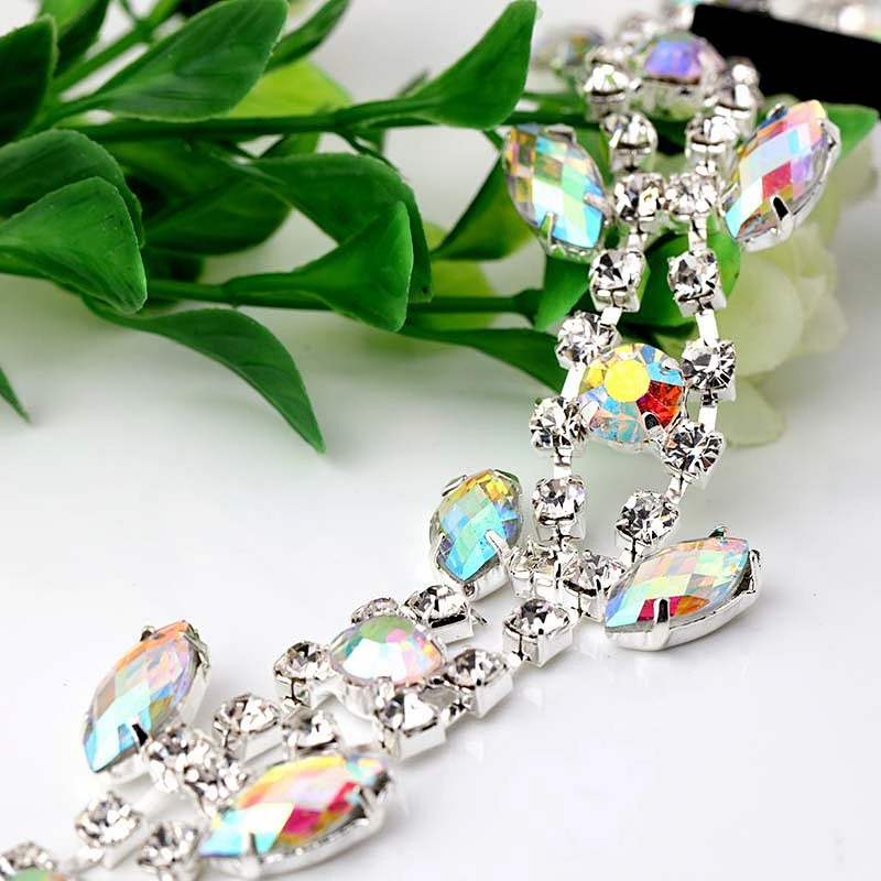 Sew-on crystal rhinestone AB silver head chain for bridal jewelry