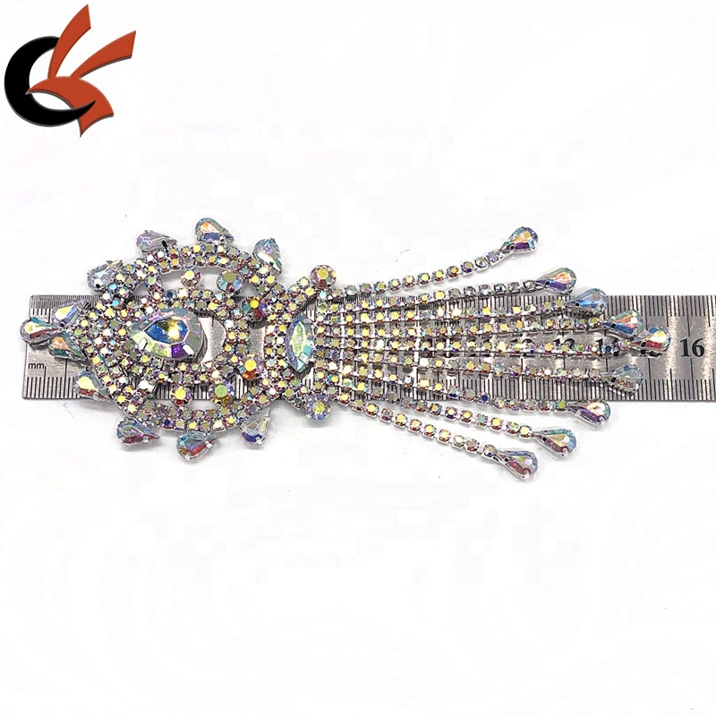 Shining silver base AB clear crystal sewing rhinestone tassel appliques