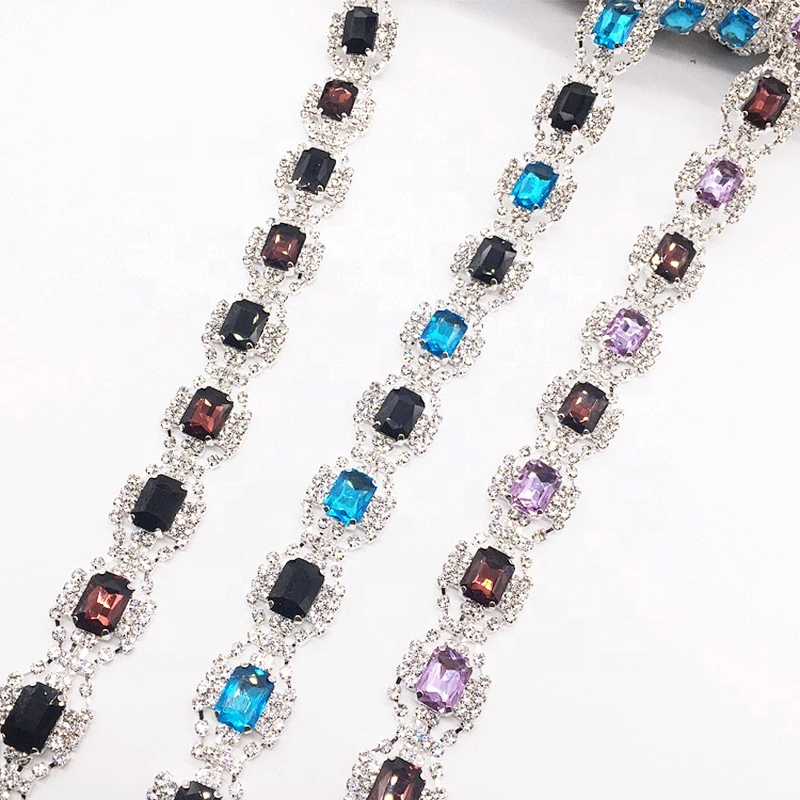 hot selling diamante silver setting colorful glass chain rhinestone trims for garment