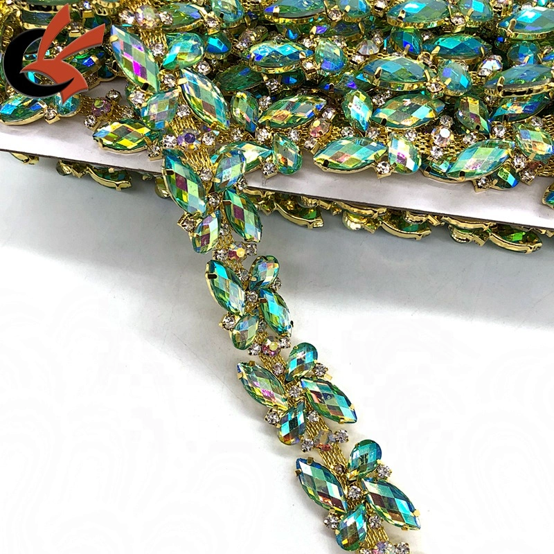 Factory Customized Shining Green AB crystal gems rhinestone beaded trimming for costume decoration