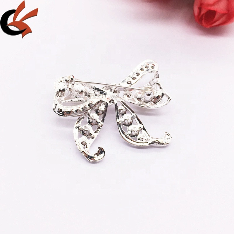 Women fashion brand crystal brooches Chinese bow shaped rhinestone pearl silver brooch pin