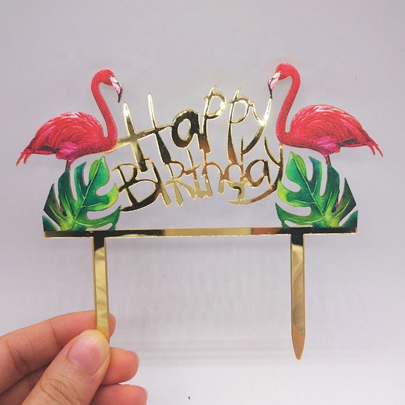 New Arrival Color Printing Flamingo Happy Birthday Acrylic Cake Topper