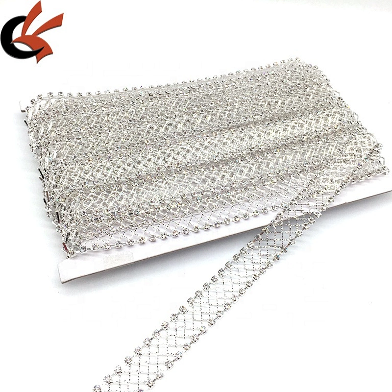 Wholesale fashion crystal mesh design silver decorative rhinestone fabric trim