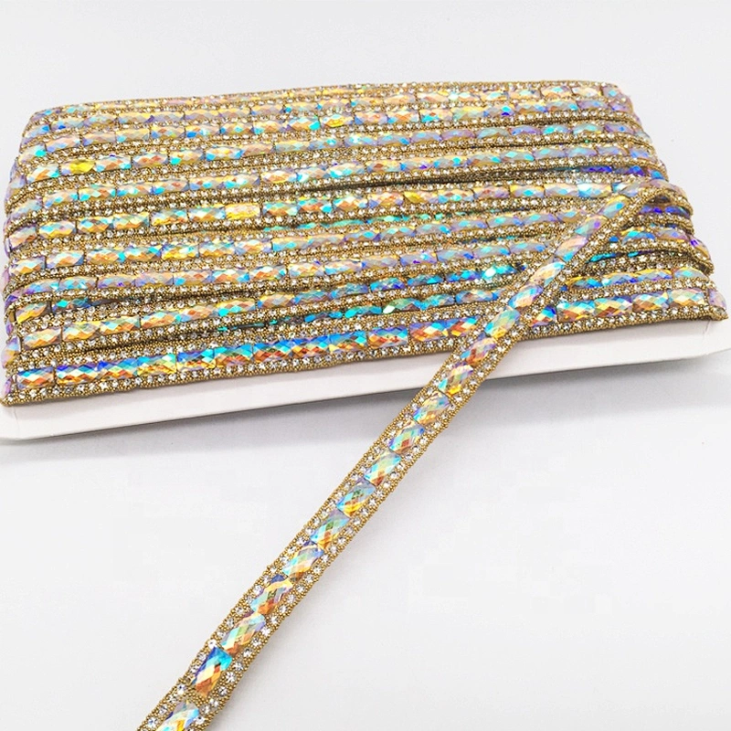 Hot sale garment accessories hot fix transfer jewelry glisten string rhinestone ribbon sash trim