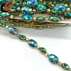 Factory Customized Green AB crystals oval shape rhinestone chain trimming for carnival dress decoration