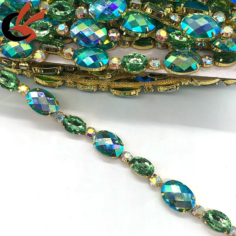 Factory Customized Green AB crystals oval shape rhinestone chain trimming for carnival dress decoration