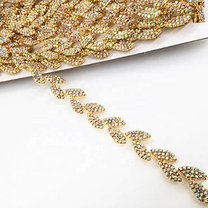 Sparkling Crystal Gold Colours With AB Stones Leaf Shaped Rhinestone Banding Chain Trim
