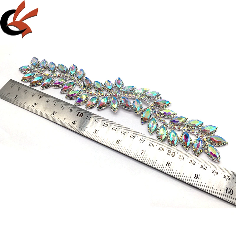 Fashion luxury rhinestone diamond ab leaf trim sew on crystal flower applique for garment bikini