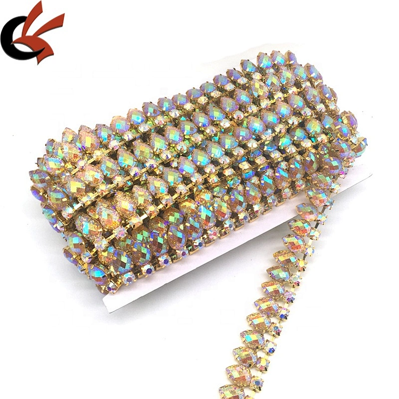 Sparking Wholesale Fringe Teardrop Resin Gold AB Glitter Crystal Rhinestone Chain Trim For Dress