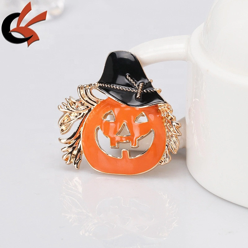 Wholesale Halloween Festival Pumpkin Face with hat Enamel Brooch Pin Crystal Ghost Brooch