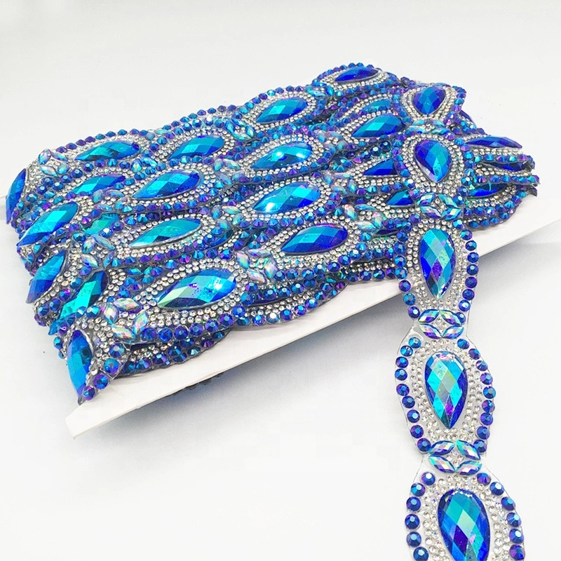 Custom New Arrival Item Crystal Sapphire Resin AB Material Hot Fix Rhinestone Motif Trimmings