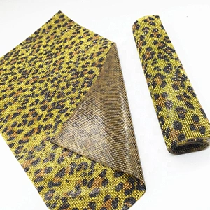 Custom rhinestone citrine yellowish leopard print heat transfer mesh hot fix rhinestone gold sheet for clothing
