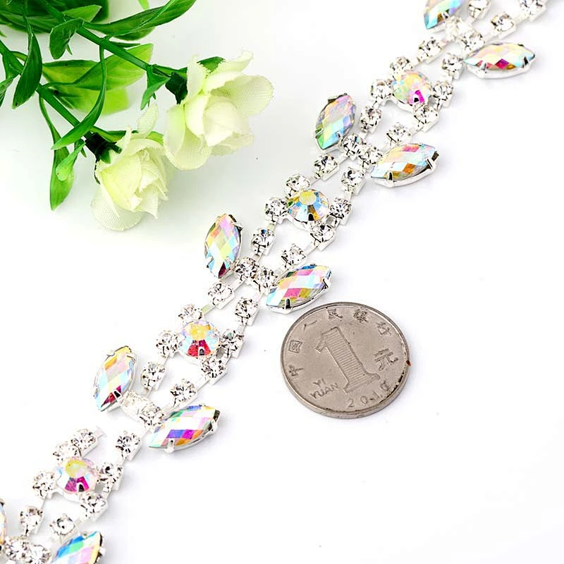 Sew-on crystal rhinestone AB silver head chain for bridal jewelry