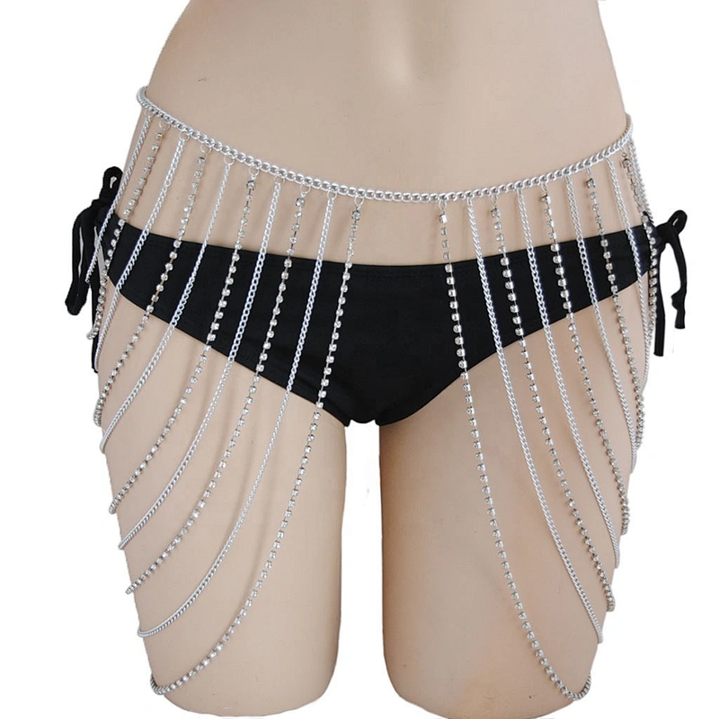 Jewelry eye-catching style gold and silver rhinestone strass sexy belly ring multi layer hip body chain