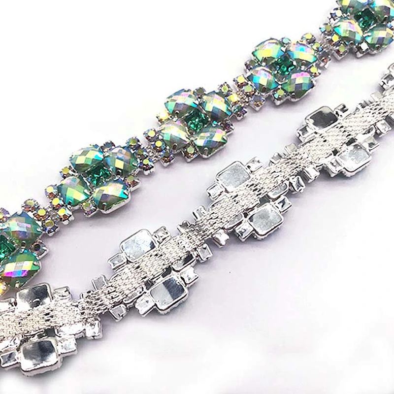 Costume Applique resin AB stone Rhinestone silver Chain Sew On Rhinestone trim for Wedding Cake Decoration