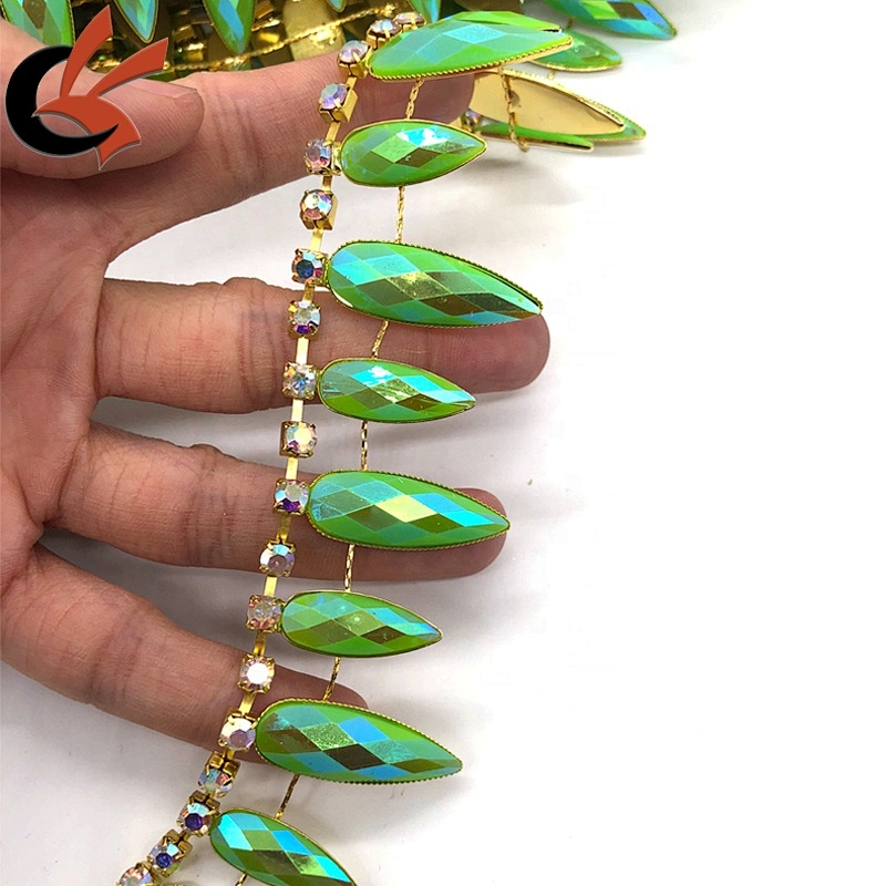 Fashion Neon green drops with AB coating resin rhinestone tassel chain trimming