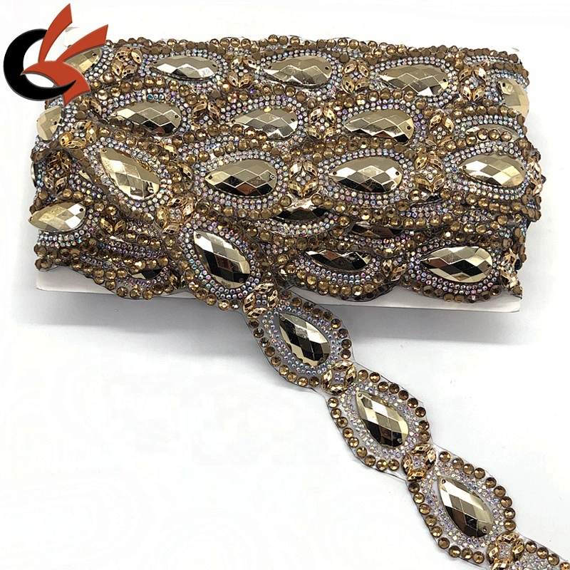 Metallic gold color crystal customized rhinestone iron on apparel trimming