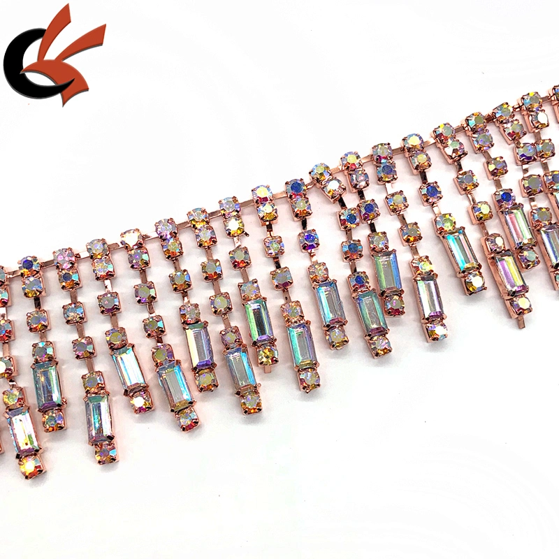 Rose gold base Clear AB crystal rhinestone tassel chain trimming