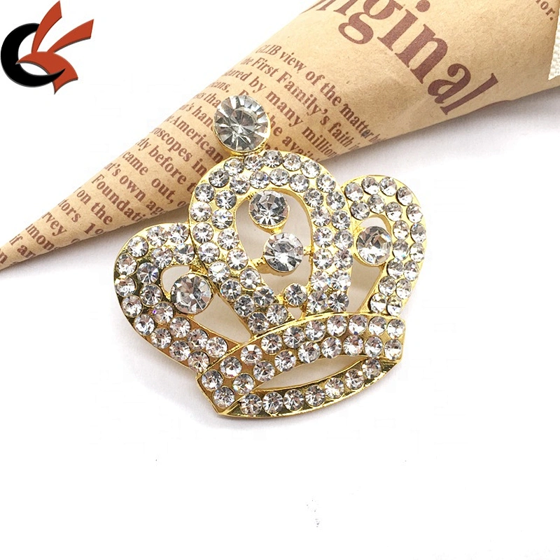 wholesale diamond rhinestone crystal brooch buttons with gold metal crown with loops