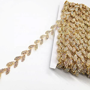 Sparkling Crystal Gold Colours With AB Stones Leaf Shaped Rhinestone Banding Chain Trim