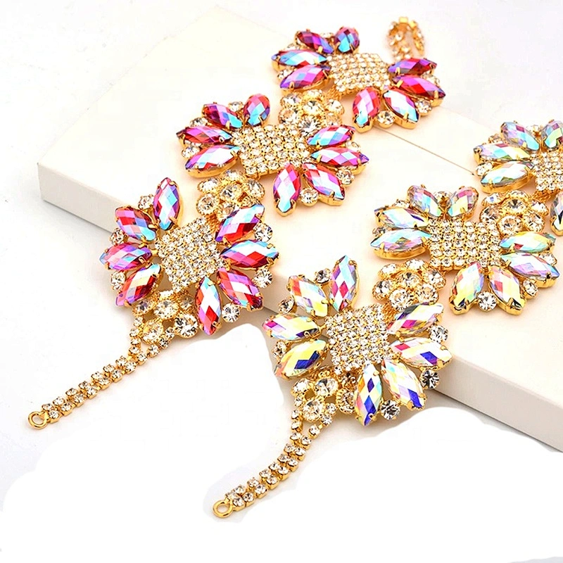 Custom Design Beaded Rhinestone Applique Patch Gold Claw Crystal Flower Applique Sewing Flatback Glass Crystal Chain