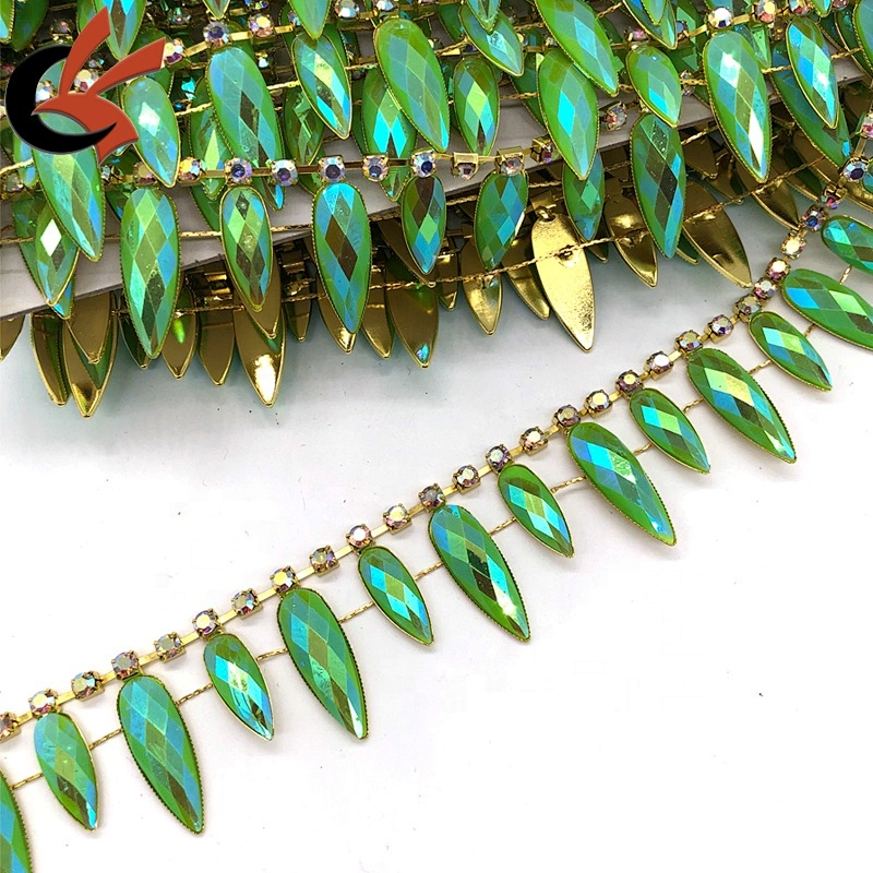 Fashion Neon green drops with AB coating resin rhinestone tassel chain trimming
