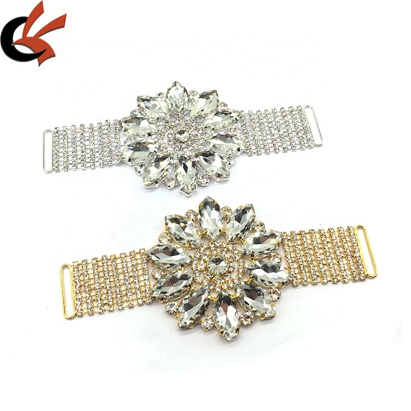 Fashion high end luxury rhinestone applique large flower diamond silver setting crystal bikini connector