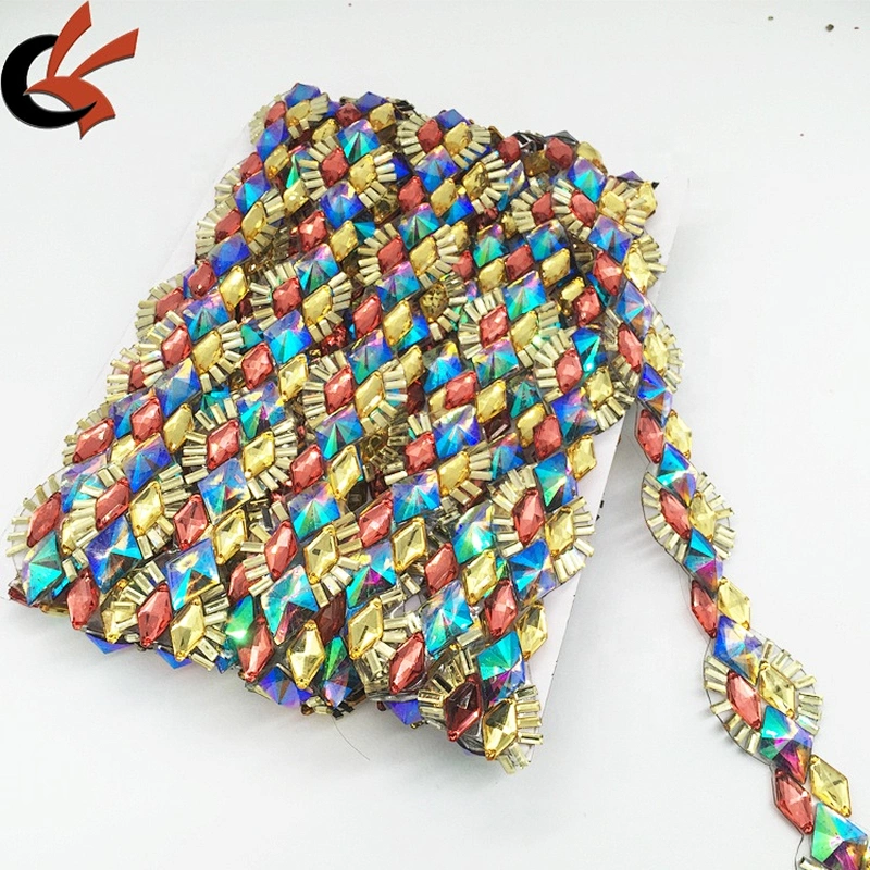 Hot Sale Women Dancing Dress Decoration Colorful Gemstone Flashing Hot Fix Rhinestone Motif Trimming Chain