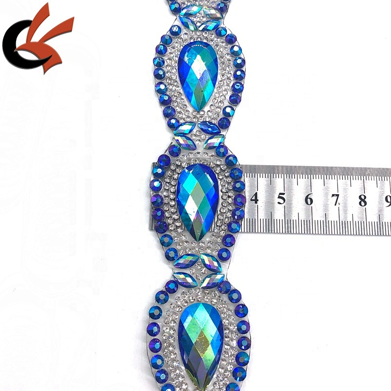 Carnival dress decoration blue AB teardrop shape iron on fancy rhinestone trims