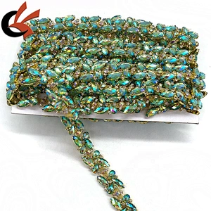 Factory Customized Shining Green AB crystal gems rhinestone beaded trimming for costume decoration
