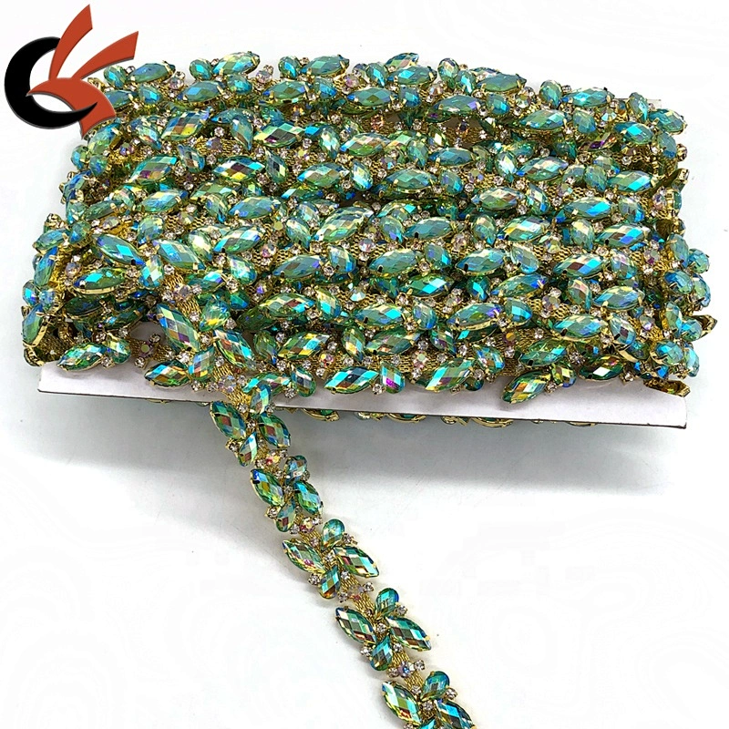 Factory Customized Shining Green AB crystal gems rhinestone beaded trimming for costume decoration