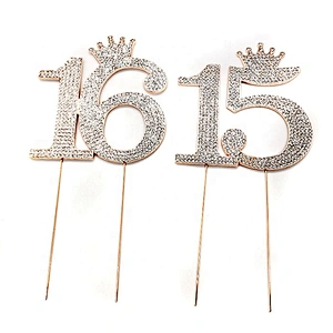 2020 Wholesale Rose Gold Crown Number 15 Rhinestone Cake Topper