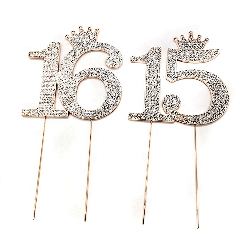 2020 Wholesale Rose Gold Crown Number 15 Rhinestone Cake Topper