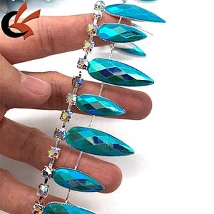 Hot sale costume decoration Turquoise blue AB coating resin rhinestone tassel chain trimming