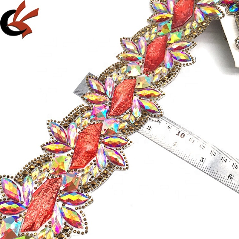 Red hot fix large width crystal beaded resin applique rhinestone chain crystal trim for clothing