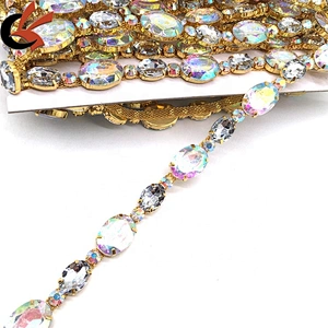 Shiny Oval Shape AB Crystal Acrylic Rhinestones Chain Trimming For Garment Making