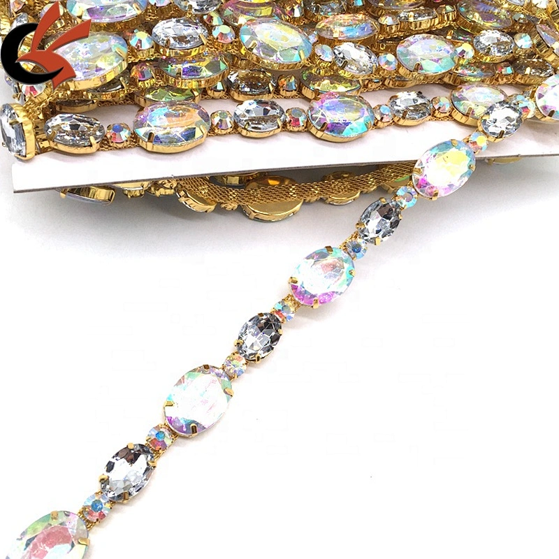 Shiny Oval Shape AB Crystal Acrylic Rhinestones Chain Trimming For Garment Making