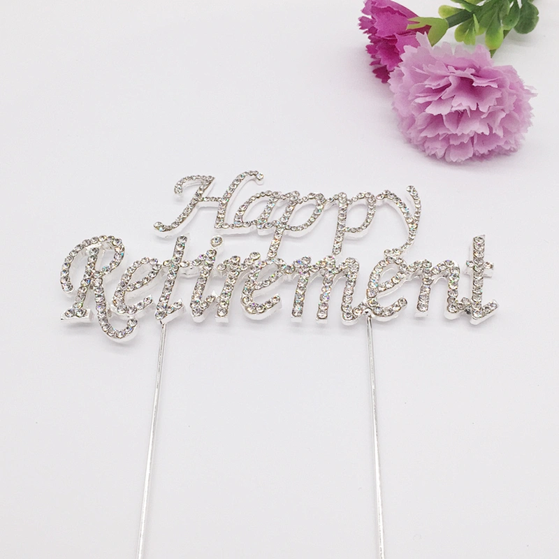 2018 new party products gold/siver rhinestone happy retirement cake topper for copmany employee celebration