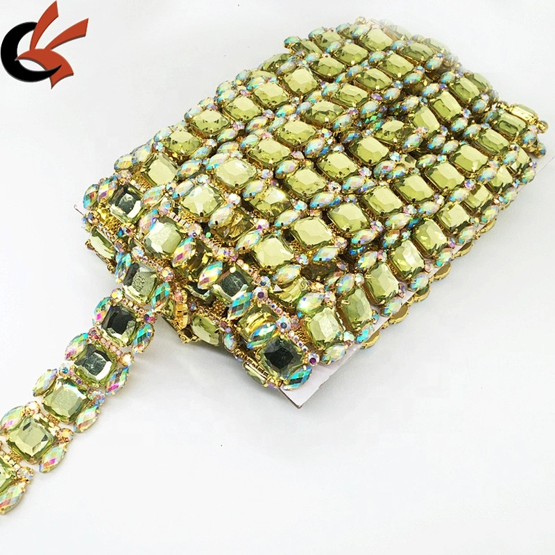 Wholesale Square Shape Custom Rhinestone Trim With Metal Settings Shirt Neckline Gemstone Chains