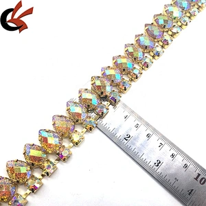 Sparking Wholesale Fringe Teardrop Resin Gold AB Glitter Crystal Rhinestone Chain Trim For Dress