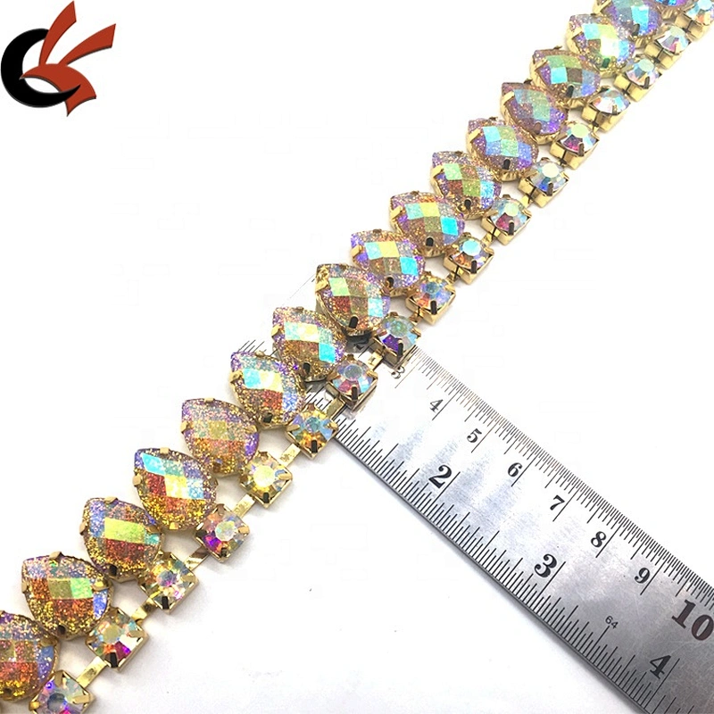 Sparking Wholesale Fringe Teardrop Resin Gold AB Glitter Crystal Rhinestone Chain Trim For Dress