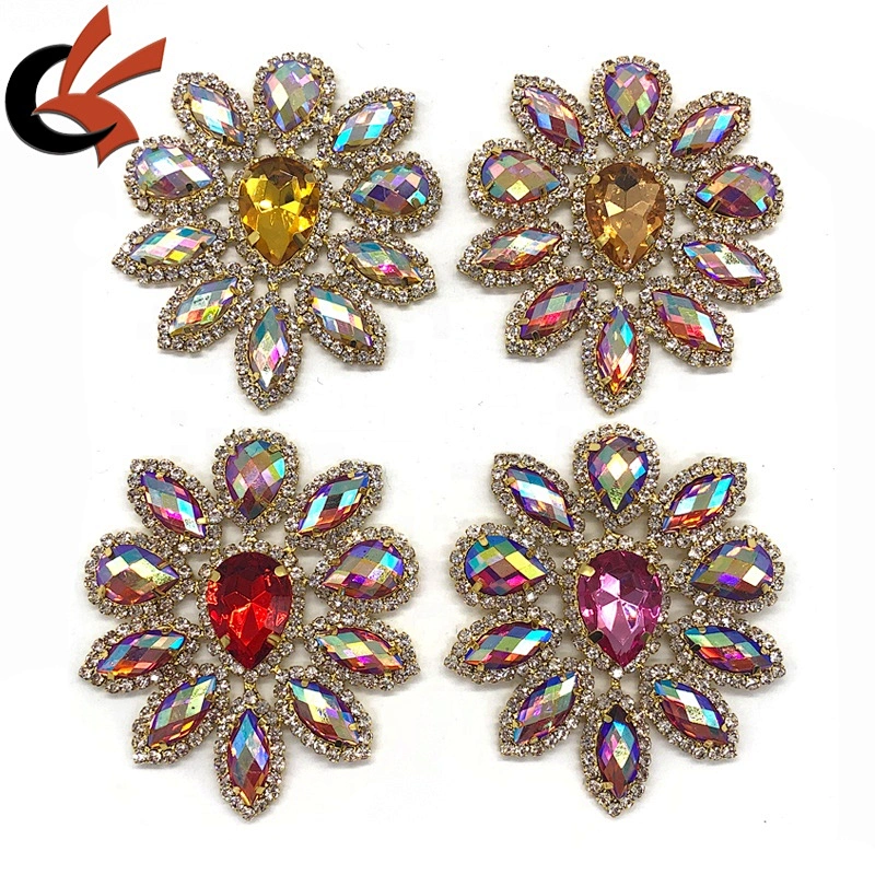Drop shape rhinestone Appliques colorful AB Color Sew On Rhinestones patch with Gold Bottom