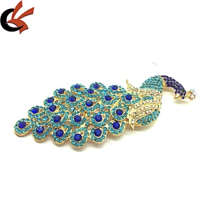 Customize metal peacock feather blue lake hijab luxury accessory rhinestone brooch for DIY hat and dress