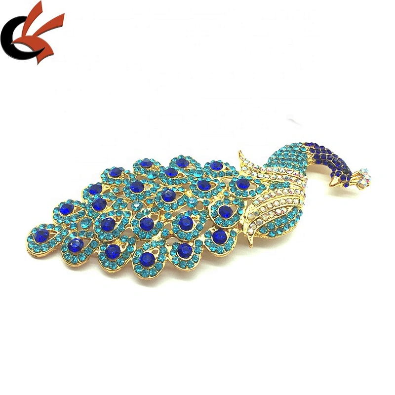 Customize metal peacock feather blue lake hijab luxury accessory rhinestone brooch for DIY hat and dress