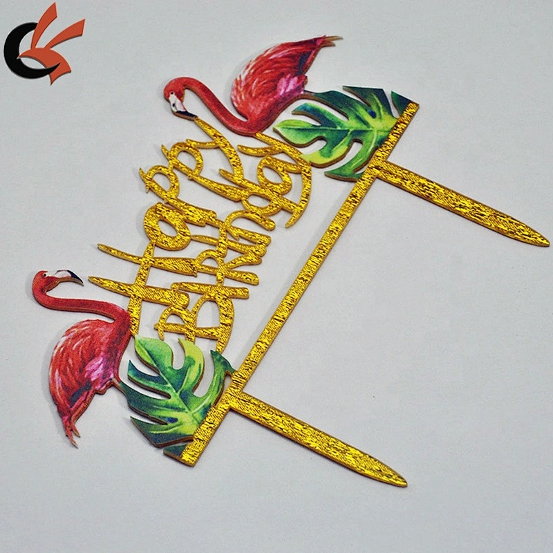 New Arrival Color Printing Flamingo Happy Birthday Acrylic Cake Topper